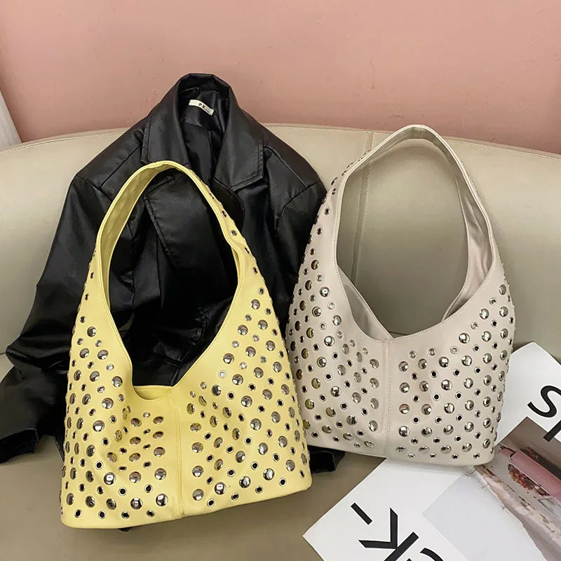 Women's Cool Large Capacity Casual Bucket Tote Bag | Premium Microfiber Synthetic Leather Underarm Shoulder Bag | High-Quality Rivet Appliques Female Handbag Model 54564655 Luxegan