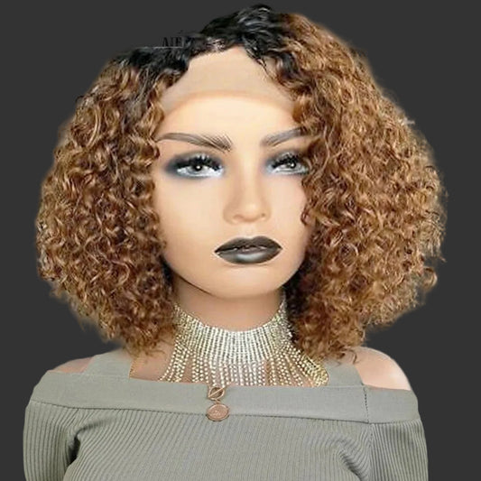 Brazilian Highlight Deep Wave Curly Bob Wig | 13x4 Transparent Swiss Lace Frontal Wig | 180% Density Peruvian Virgin Human Hair Pre-Plucked Curly Bob (14 Inch, Multi-Tonal Caramel Highlights) Luxegan