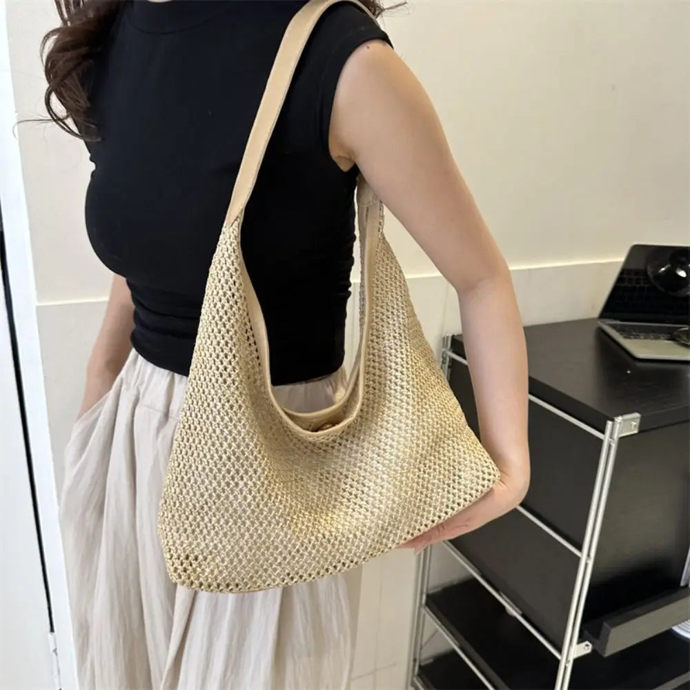 Casual Woven Straw Bucket Bag | Large Capacity Underarm Shoulder Bag | Women’s Fashion Solid Color Tote | Minimalist Summer Weave Handbag Luxegan