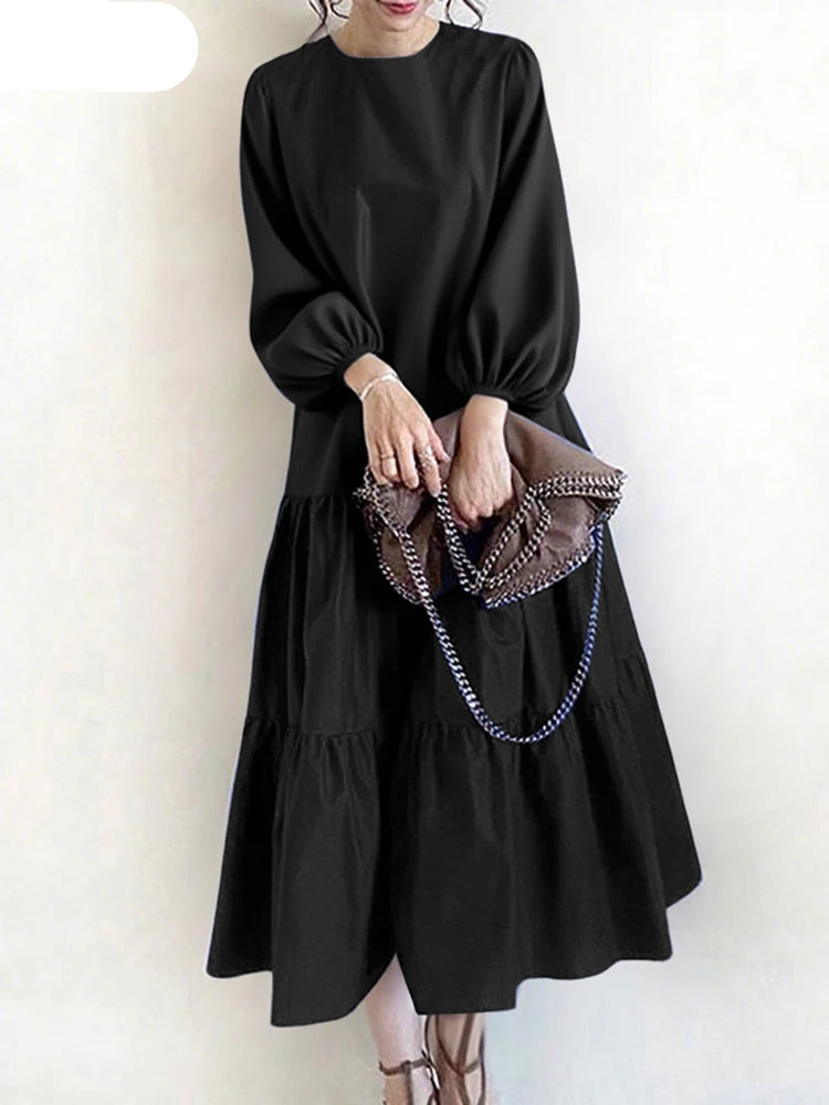 Solid O-Neck Lantern Sleeve Regular Fit A-Line Midi Dress – Natural Waist, Jersey, Autumn Luxegan