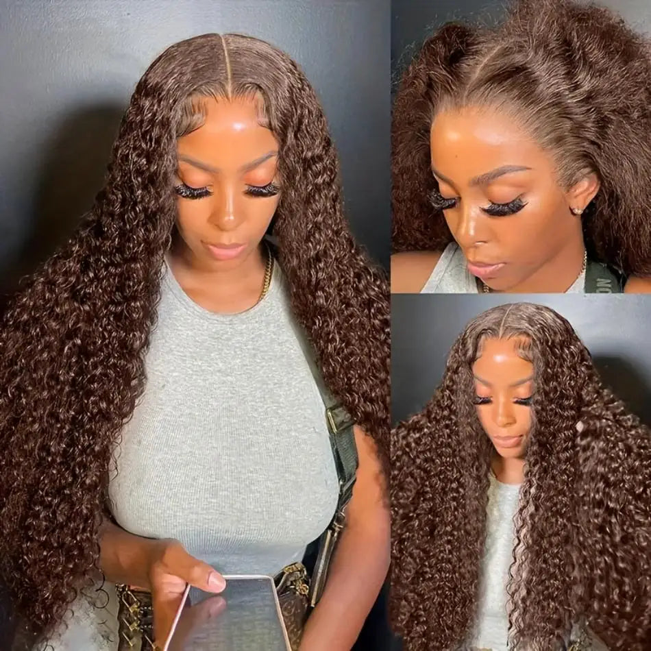 30 & 36-Inch Chocolate Brown Deep Curly HD Lace Wig | Sophisticated 13x6 & 13x4 Transparent Frontal | Elegant "100% Brazilian Remy" Silhouette | "Dignified" Pre-Plucked Water Wave Human Hair for Radiant Versatile Styling Luxegan