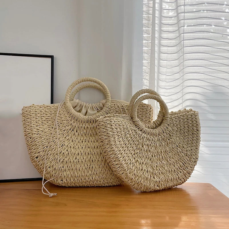 Handmade Moon Straw Beach Bag | Hard Woven Bohemian Tote Luxegan