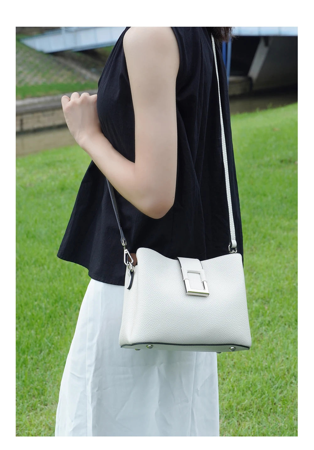 Genuine Leather White Designer Bucket Bag | Noble Shopper & Commuter Handbag | Large Capacity Cow Leather Shoulder & Crossbody Tote (ZC2135) Luxegan