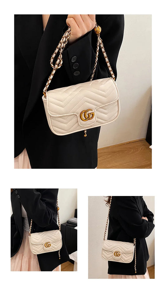 Luxury Designer Women’s Small Square Handbag | Stylish Embroidered Check Satchel | Elegant Chain Crossbody Shoulder Bag | Sophisticated Four-Season Fashion Purse Luxegan