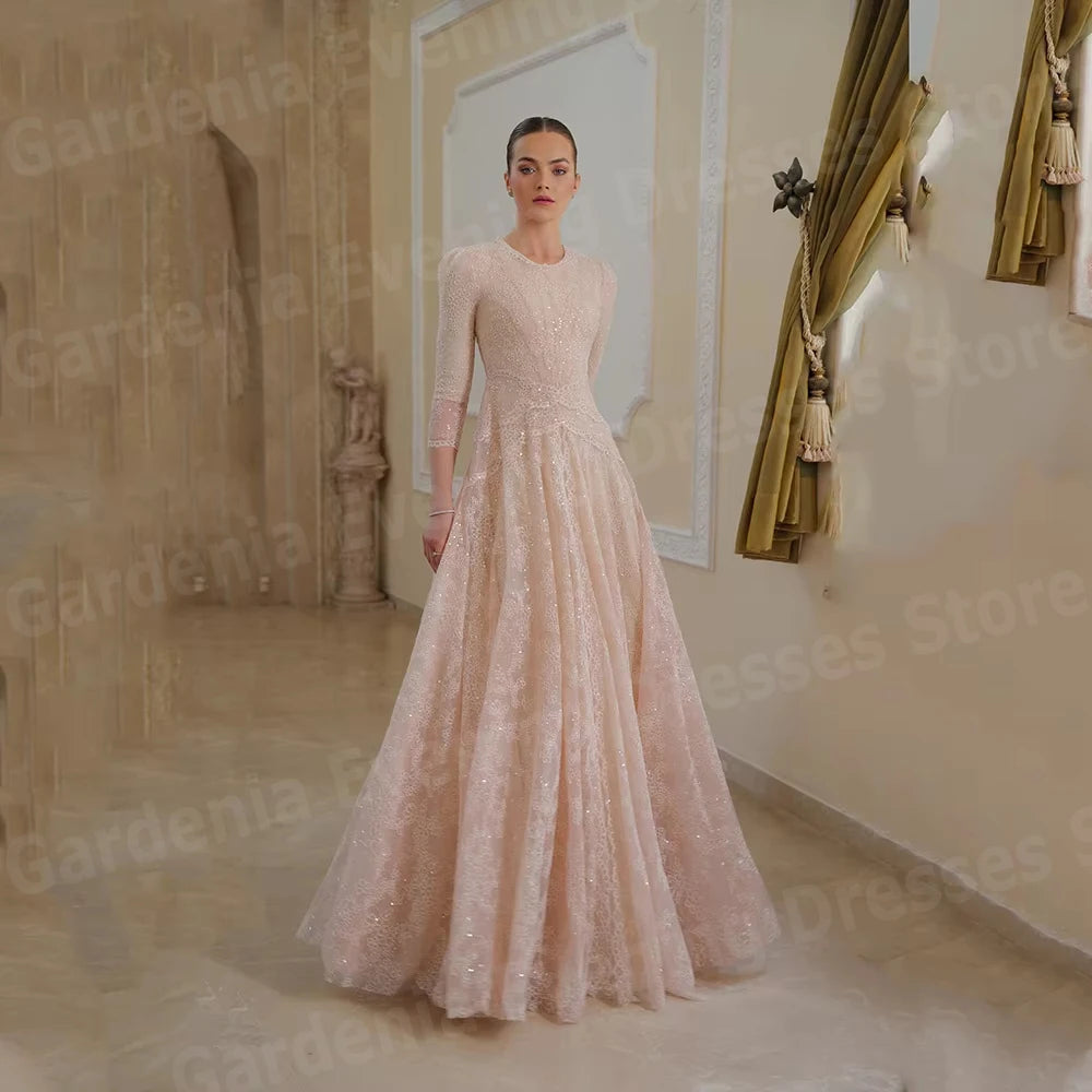 Luxurious Shiny Lace Evening Dress | Elegant O-Neck Prom Gown | Modern Tulle Floor-Length Party Vestido | Premium Three-Quarter Sleeve A-Line Robe with Sweep Train Luxegan
