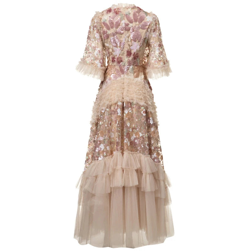 Round Neck Half Sleeve Embroidery Detail Slim Fit A-Line Ankle-Length Dress – Natural Waist, All Season Luxegan