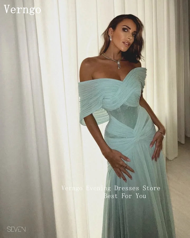 Verngo Blue Chiffon Evening Dress Off The Shoulder Mermaid Formal Occasion Dress Saudi Arabia Prom Gowns Customized