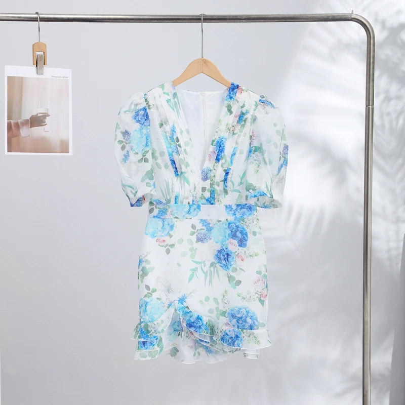 Organza Floral Printed Maxi Dress V-Neck  Puff Sleeve 2026 Spring/Summer Romantic Women Party Gown Fashion Elegant Lady Vestidos