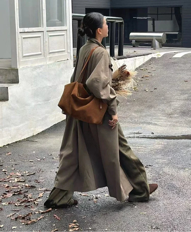 European and American Style 100% Natural Suede Cow Leather Tote | Huge Luxury and Lazy Commuting Nubuck Winter Handbag (Camel) Luxegan