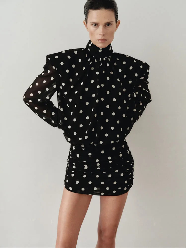 Women's See-Through Mesh Mini Dress | Elegant Turtleneck Full Sleeve Bodycon Gown | Polka Dot Print Skinny Ruched Dress | Premium High Stretch Patchwork Slim Fit Sheath Vestido Model K25D88364 Luxegan