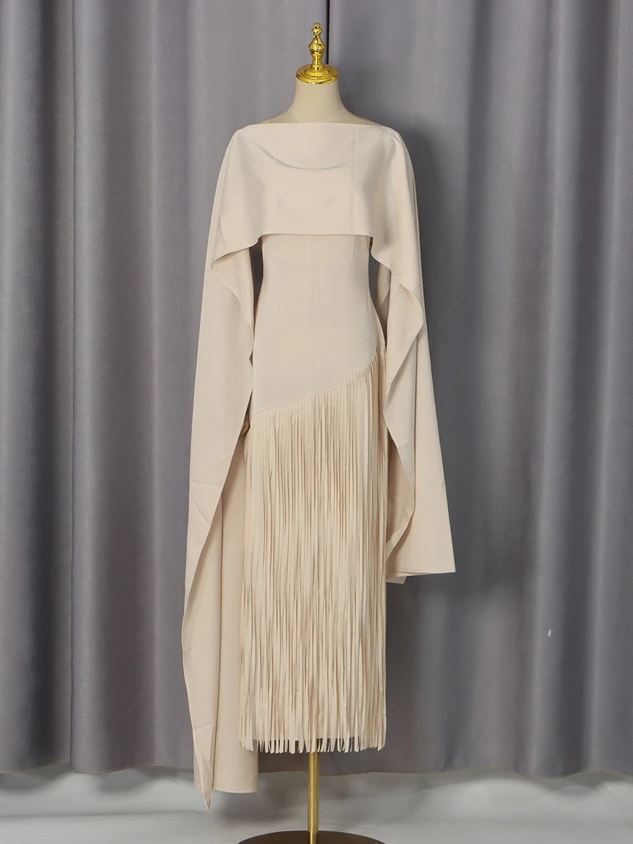 Solid Loose Spliced Tassel Chic Dress for Women | Luxury Elegant O-Neck Summer Maxi Dress | Premium Slight-Stretch Regular Fit Vestido | Model KDRP540319 Sleeveless Ankle-Length A-Line Gown Luxegan