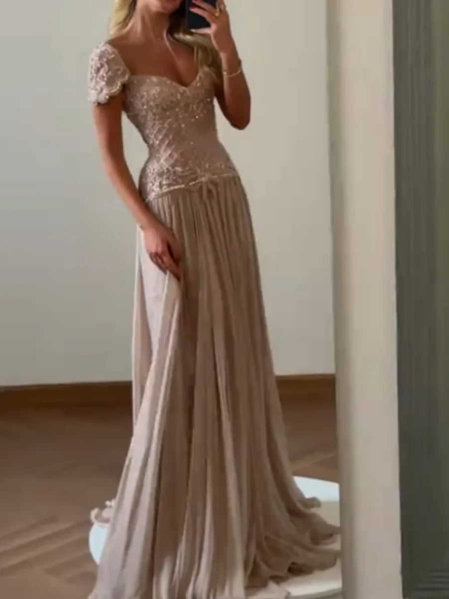 Aunber Luxury Nude Pink A-Line Cap Sleeves Beaded Evening Dress with  Crystals Bow for Formal Occasion Gowns Customized