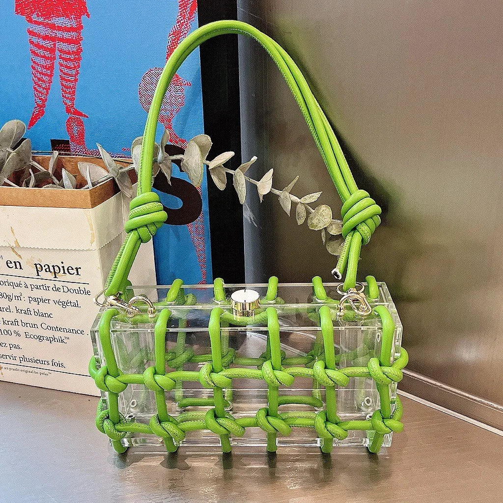 Diamond Clear Acrylic Box Evening Bag | Boutique Woven Knotted Rhinestone Purse | Luxury Party Clutch with Crystal Rope Handle & Metal Chain (Model 1201000988) Luxegan