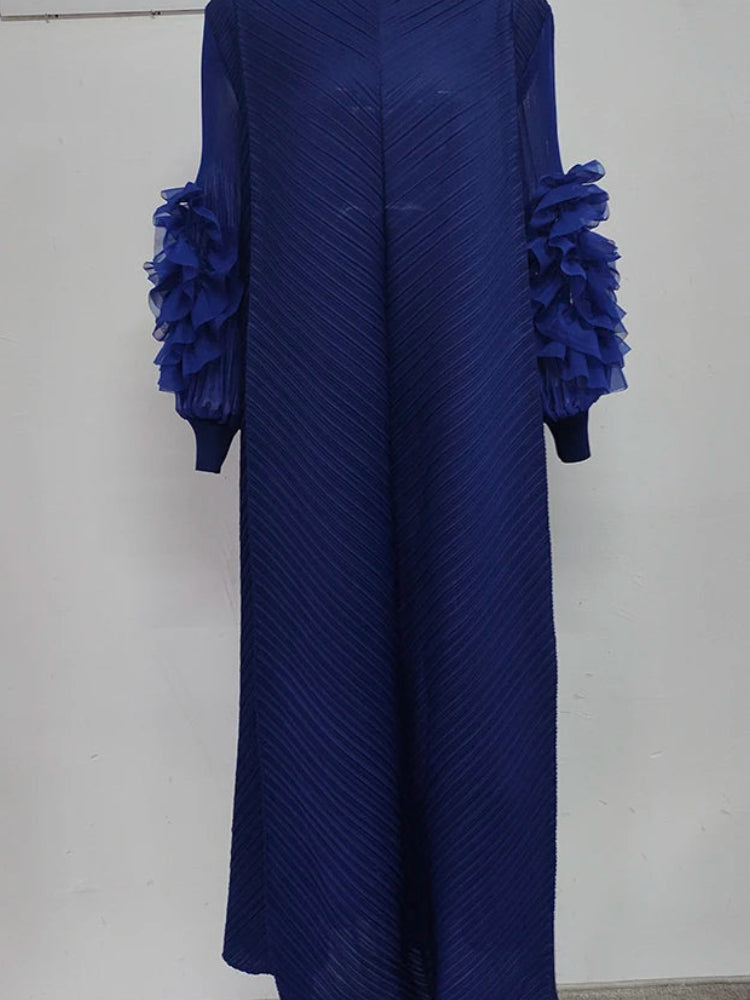 Pleated Lettuce Hem Maxi Dress | Turtleneck Full Sleeve Loose A-Line Casual Dress Luxegan