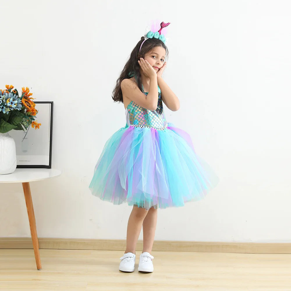 Kids Girls Cosplay Party Dress Princess Dress Up Mermaid Tulle Tutu Dresses Theme Birthday Party Costume with Flower Headband
