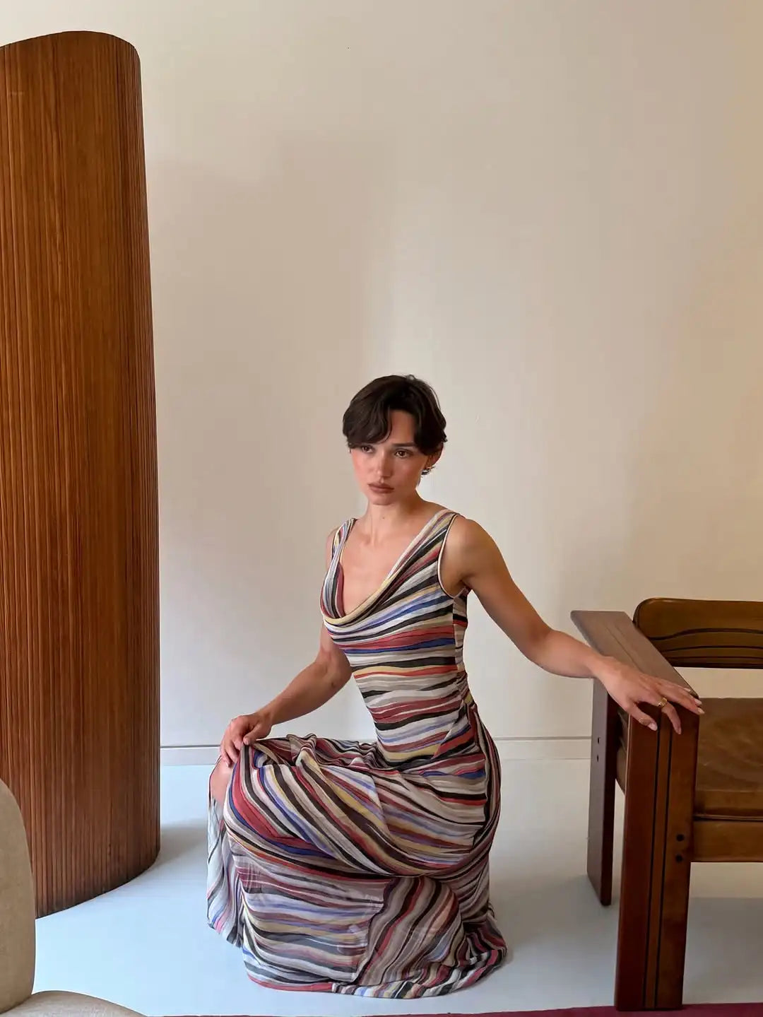 2026 Women Colorful Wavy Striped Maxi Dress Chic Swinging Collar Sleeveless Slim Waist Holiday Dresses Summer Lady Vacation Robe