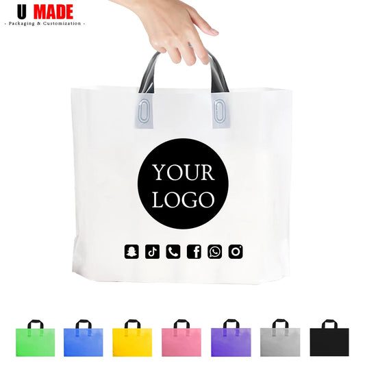 Custom Logo Plastic Shopping Bags | Personalized Small Business Boutique Retail Bags | Premium Gift Packaging with Handles for Parties, Weddings, and Events (20/50pcs Sets) Luxegan