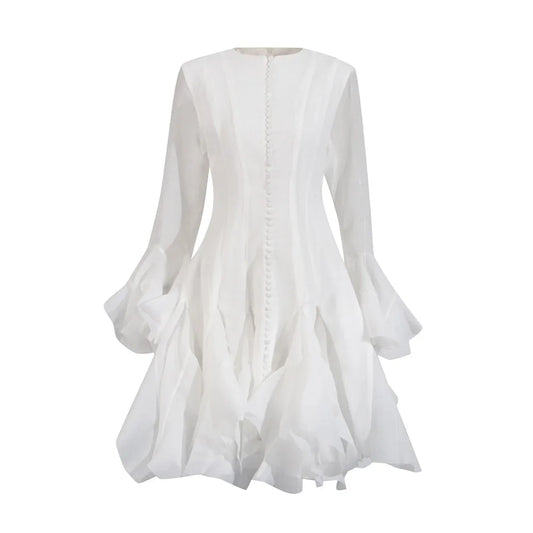 Patchwork Ruffle Butterfly Sleeve Midi Dress | Round Neck Irregular Hem High Waist Elegant Dress Luxegan