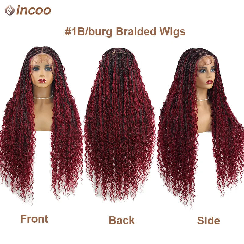 Long 32 Boho Braided Full Lace Front Wigs Synthetic Blonde Curly Goddess Locs Cornrows Wigs Pre Plucked Baby Hair Box Braids Wig Luxegan