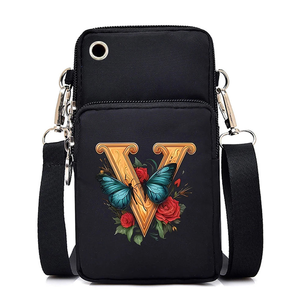 Women’s Small Crossbody Mobile Phone Bag | Sophisticated Vintage Flower & Alphabet Purse | Elegant Mini Messenger with Soft Leather Strap | Fashion-Forward Cartoon Applique Shoulder Bag (Model 858) Luxegan
