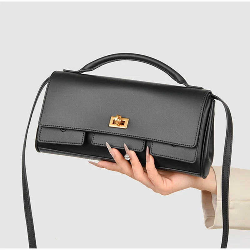 Genuine Leather Solid Satchel | Soft Black Lock Design Shoulder Crossbody Bag Luxegan