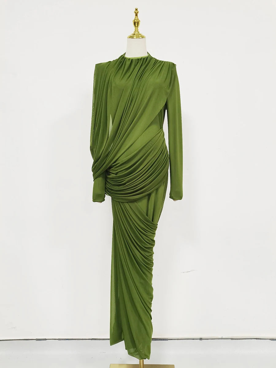 Solid Vintage Turtleneck Long Sleeve Slim Asymmetrical Floor-Length Dress with Lace-Up Detailing – Woven Polyester, Empire Waist, Autumn/Winter Luxegan