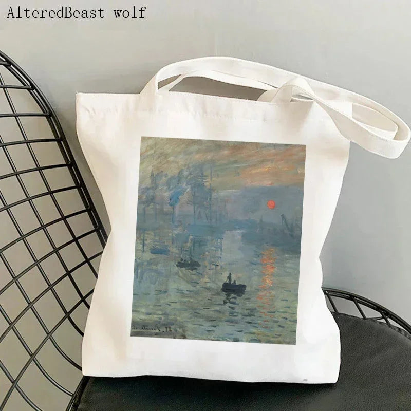 Monet Water Lilies Canvas Shoulder Bag | Sophisticated Kawaii Harajuku Shopping Tote | Elegant Art-Inspired Shopper Handbag | "Dignified" Durable Square Purse for Versatile Daily Styling Luxegan