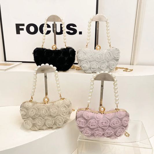 Rose Flower Evening Clutch Bag | Sophisticated "Shell Shape" Silhouette | Elegant Pearl Handle & Metal Chain Crossbody | "Dignified" High-Performance Metallic Accessory for Radiant Versatile Styling Luxegan