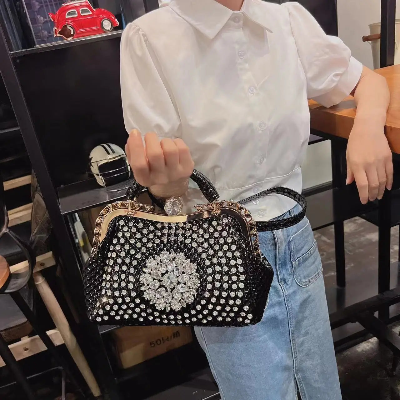 PU Leather Serpentine Frame Bag | Hard Rhinestones Top-Handle Crossbody Luxegan