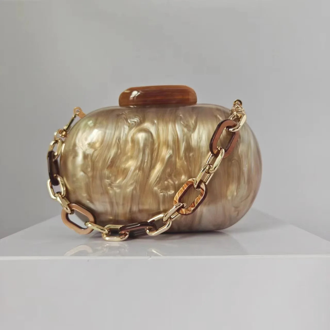 Acrylic Oval Evening Clutch | Sophisticated Hard-Shell Party Handbag | Elegant Prom Barrel-Shaped Purse | "Dignified" Modern Acrylic Phone Clutch with Stylish Chain Detail Luxegan