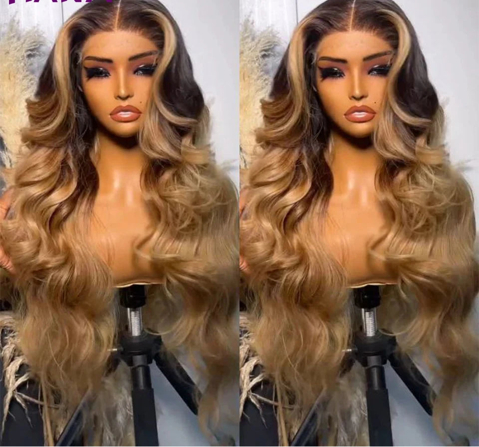 Luxury Ombre Blonde Body Wave Lace Front Wig | 13x6 / 13x4 Transparent Swiss Lace Frontal Wig | 100% Malaysian Remy Human Hair Multi-Tonal Black Brown to Honey Blonde 5x5 Closure Wig for Women (26+ Inch Long) Luxegan