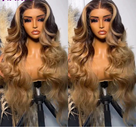 Luxury Ombre Blonde Body Wave Lace Front Wig | 13x6 / 13x4 Transparent Swiss Lace Frontal Wig | 100% Malaysian Remy Human Hair Multi-Tonal Black Brown to Honey Blonde 5x5 Closure Wig for Women (26+ Inch Long) Luxegan
