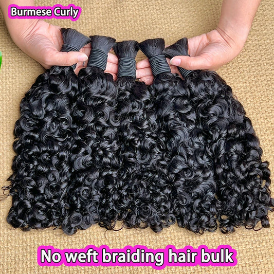 Burmese Curly Human Hair Bulk for Braiding – 100% Raw Virgin No-Weft Boho Braids Hair Natural Black #1B (16–22