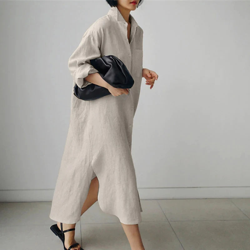 Lapel Neck Button-Down Long Sleeve Loose A-Line Midi Shirt Dress | Boho Vintage Casual Sundress Luxegan