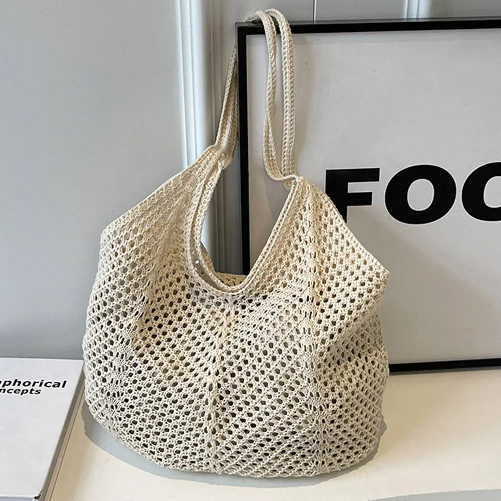 Fashionable Women’s Open-Weave Shoulder Bag | Large Capacity Knitted Underarm Bag | Minimalist Crochet Handbag | Summer Mesh Beach Bag for Vacation & Leisure Luxegan