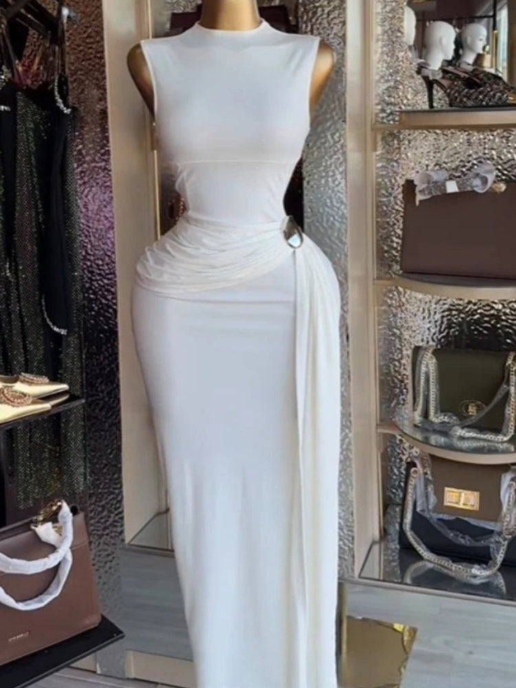 Women's Sleeveless Stacked Ruched Side-Up Dress | Sexy O-Neck Cocktail Evening Party Gown | Trendy Birthday Club Bodycon Maxi Dress | Premium Medium Stretch Brocade Empire Waist Pencil Vestido Luxegan
