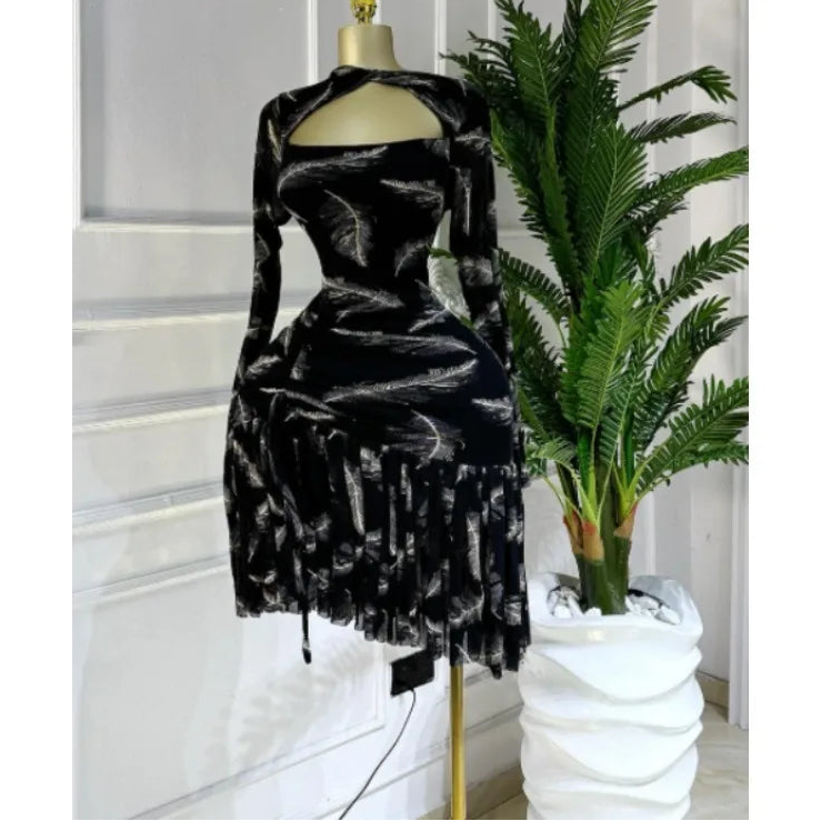 Stacked Ruffle Print Bodycon Maxi Dress | Long Sleeve O-Neck Draped Sheath Sexy Evening Party Dress Luxegan