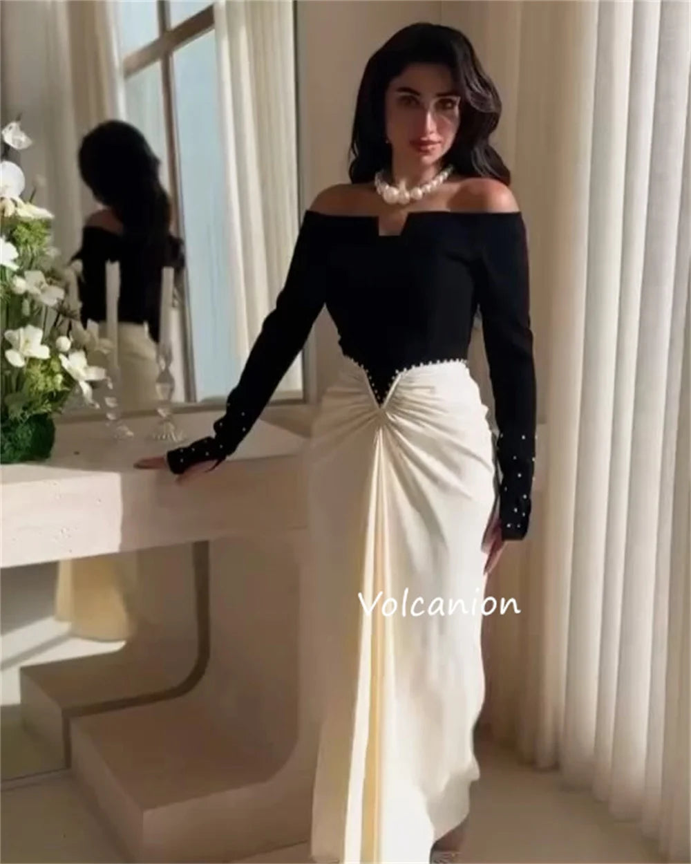 Pearl Beaded Pleated Off-the-Shoulder Full-Length Sleeve A-Line Ankle-Length Wedding Party Dress – Polyester Jersey, Built-In Bra, Natural Waist Luxegan