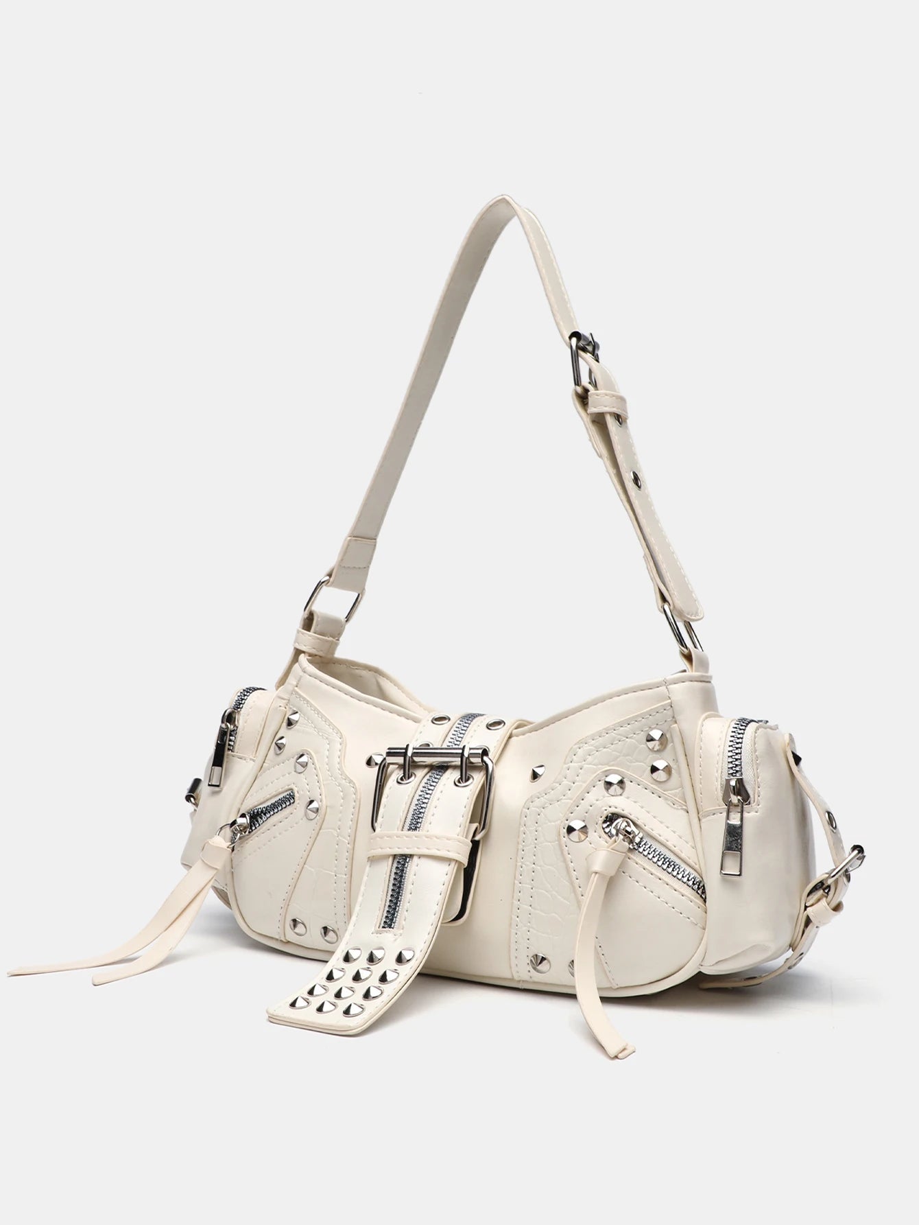 Punk Girl Style Rivet Underarm Bag | Solid Color PU Motorcycle Style Single Shoulder Crossbody Messenger Bag Luxegan