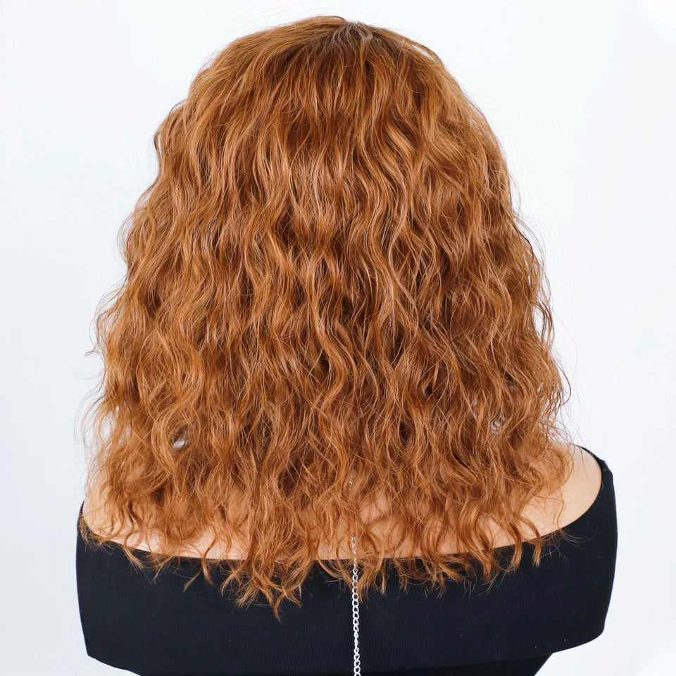 Glueless Short Curly Bob Wig with Fringe Bangs | Honey Brown Mixed Blonde Highlight Water Wave Wig | 100% Brazilian Remy Human Hair Side-Part Pre-Plucked Fluffy Curly Wig for Women Luxegan
