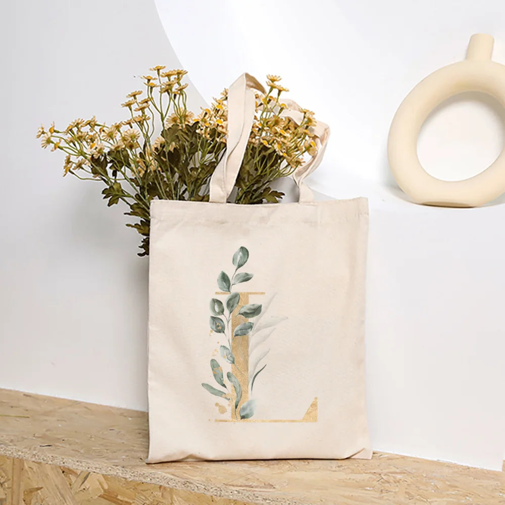 Leaves Plant Initial Print Canvas Tote Bag | Reusable Summer Beach & Shopping Handbag with Hasp Closure Luxegan