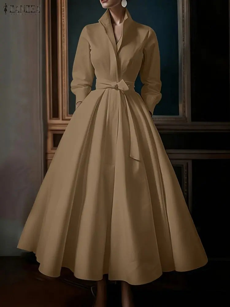 Lapel Neck Long Sleeve Belted A-Line Maxi Dress | Elegant Office Lady Vintage Sundress with Pockets Luxegan