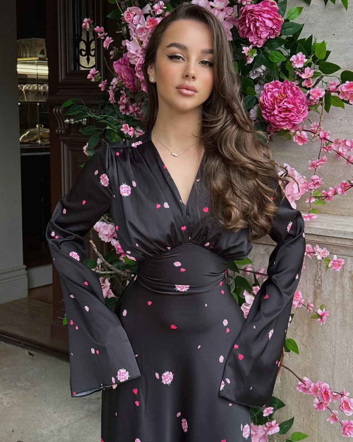 Solid Turn-Down Collar Full-Length Sleeve Slim Fit A-Line Mid-Calf Dress – Natural Waist, High Stretch, All Season Luxegan