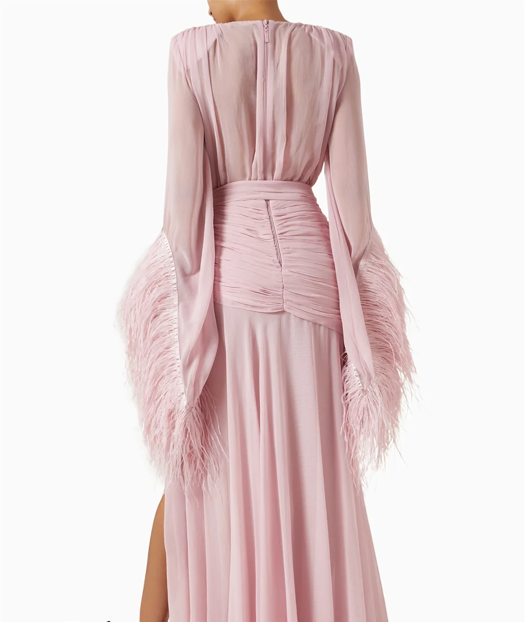 Exquisite Custom Deep V-Neck Pink Chiffon Prom Dress | Glamorous Flare Sleeves & Feather Evening Gown | Classic Ruched Floor-Length Formal Party Dress | Model cmxc1815 Vintage Inspired Masterpiece Luxegan