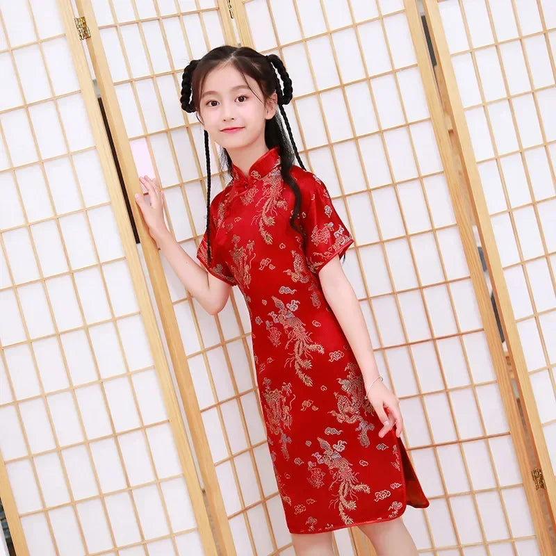 Girls' Modern Cheongsam Chinese Style Dress | Summer Kids Casual Flower Print Clothes | Short-Sleeve Turtleneck Knee-Length Straight Dress Luxegan