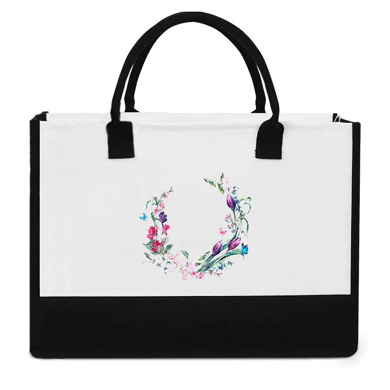 High-Quality Reusable Jute Shopping Bag | Waterproof Fashion Tote with Floral & Letter Print | Durable Cotton & Burlap Handbag for Beach, Picnics, and Grocery (Unisex) Luxegan