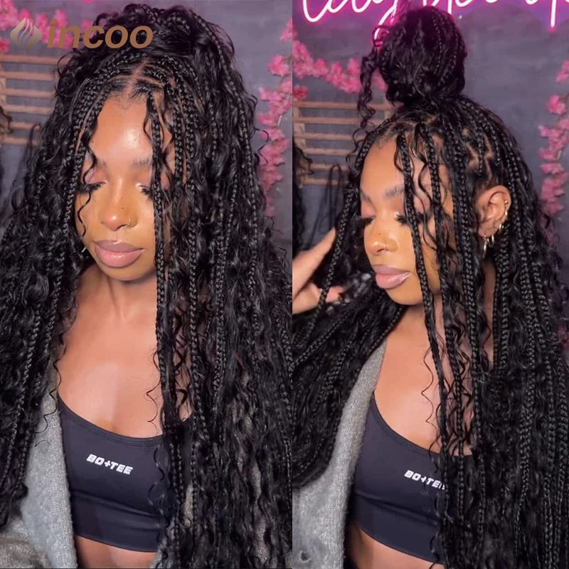 Boho Box Braided Wigs Curly Hair Synthetic Full Lace Front Wigs for Women Goddess Locs Braid Wig Burgundy Bohemian Box Braid Wig Luxegan