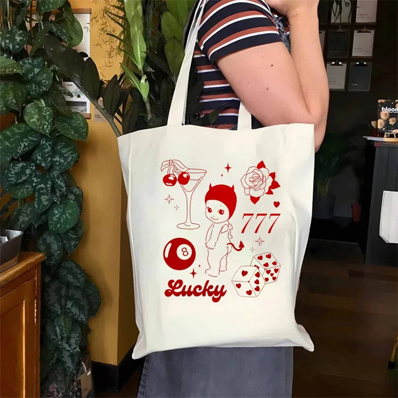 Sonny Angel Kewpie Cherub Canvas Tote Bag | Lucky Girl Eco-friendly Reusable Shopping & Book Bag (Women's Merch) Luxegan