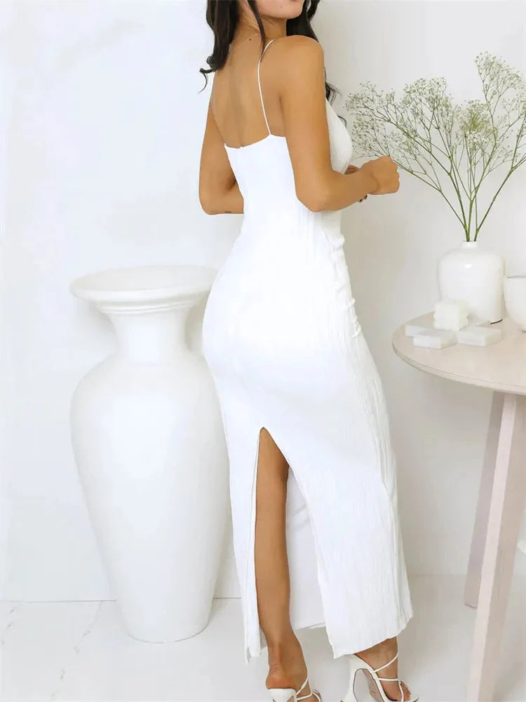 Sexy Solid Ruched Long Dress | Sleek Back-Split Summer Party Clubwear | Sleeveless O-Neck High-Stretch Pencil Maxi Dress Luxegan