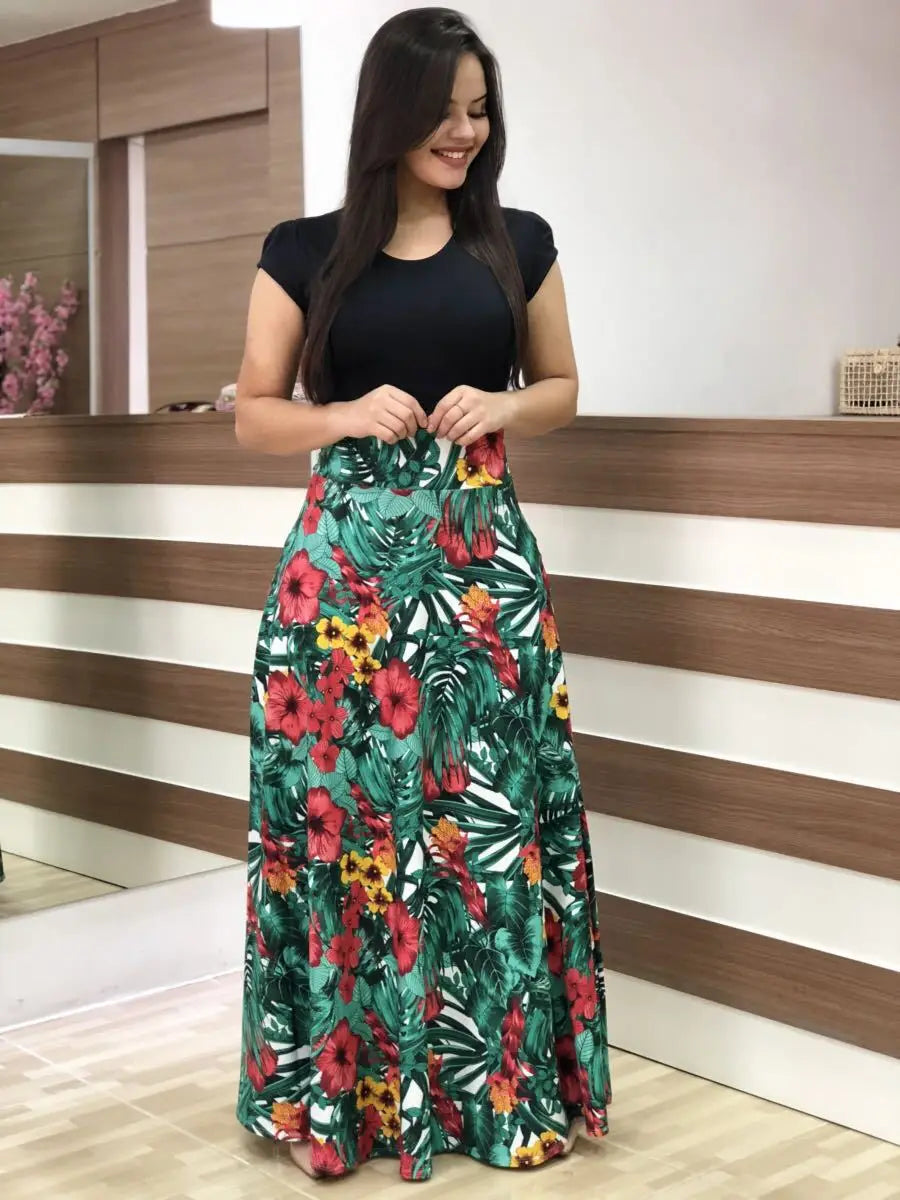 Print Round Neck Regular Fit Straight Ankle-Length Dress – Short & Long Sleeve Options, Spring/Summer